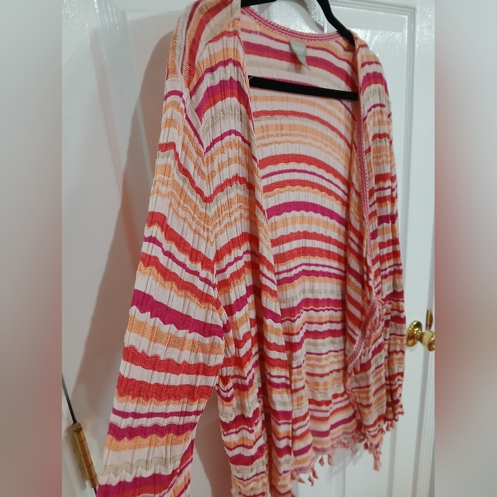 Chicos Pink Wave Striped Women's Open Cardigan With Tassels Boho Coquette XL - Picture 2 of 6